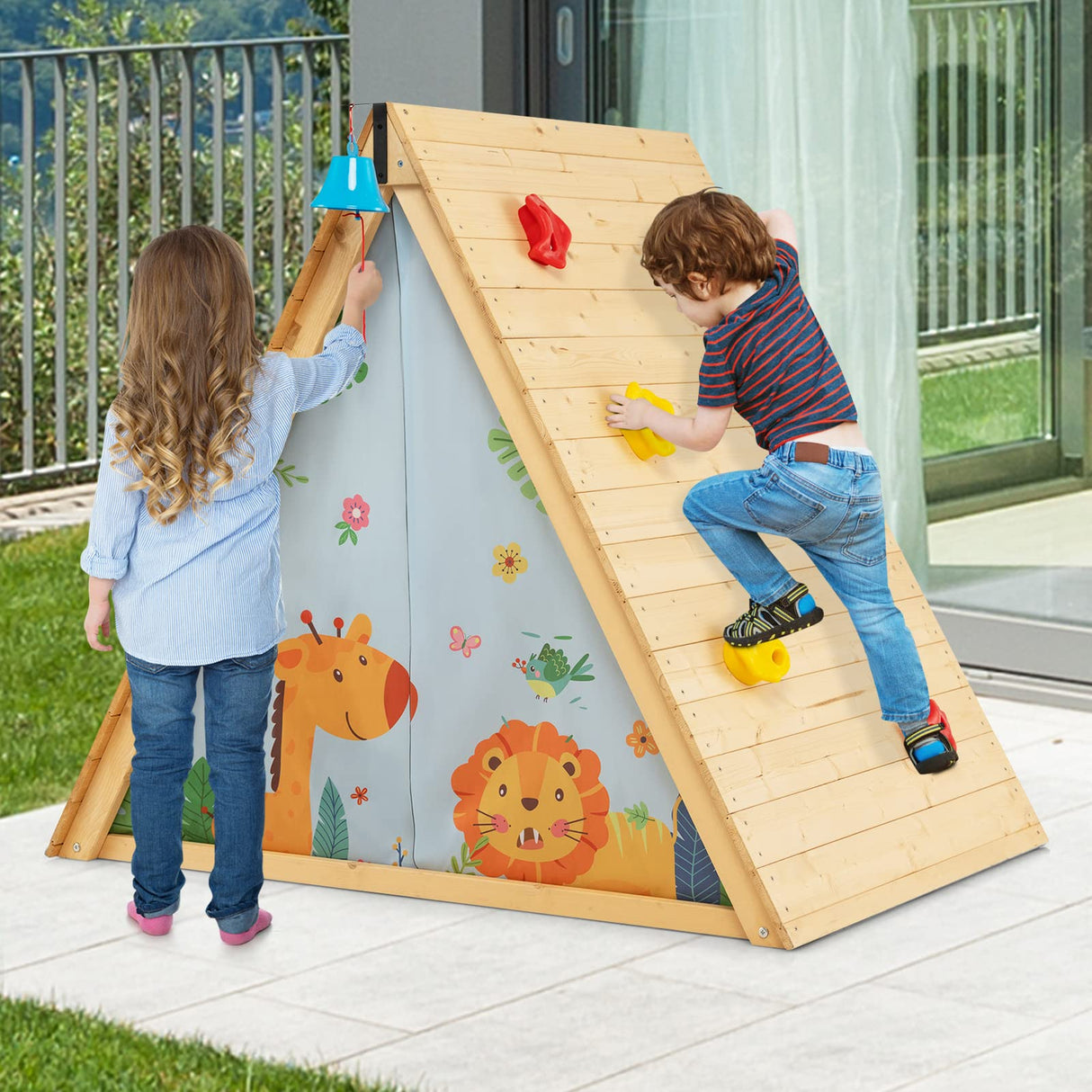 HONEY JOY Kids Triangle Climber with Tent, 2 in 1 Wooden Climbing Triangle Toys w/Climbing Wall