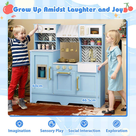 Children playing with a toy kitchen set on a wooden floor, with text about growth and play.