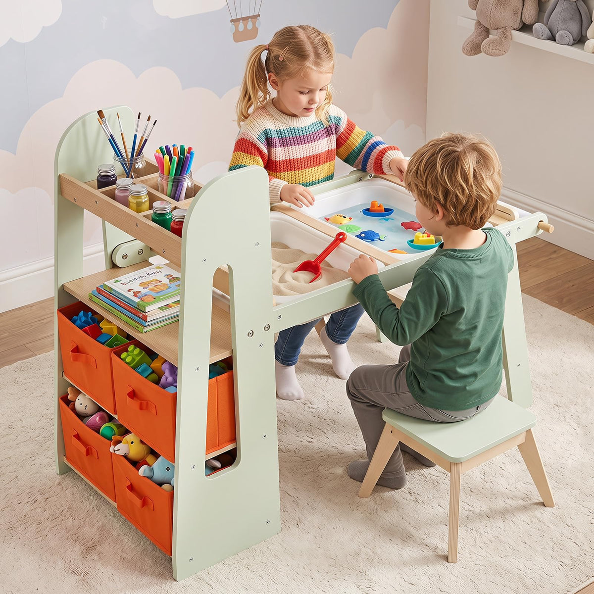 HONEY JOY Kids Sensory Table and Chairs,Art Desk Set with Paper Roll