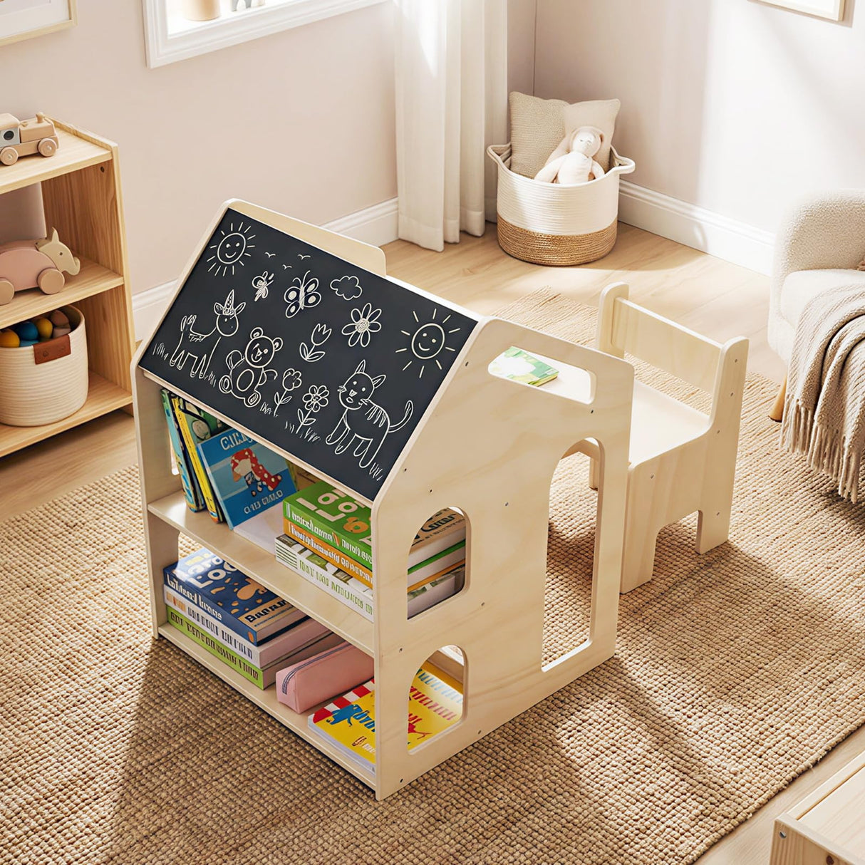 HONEY JOY House-Shaped Kids' Desk w/Chair, 3-in-1 Toddler Art Table Set