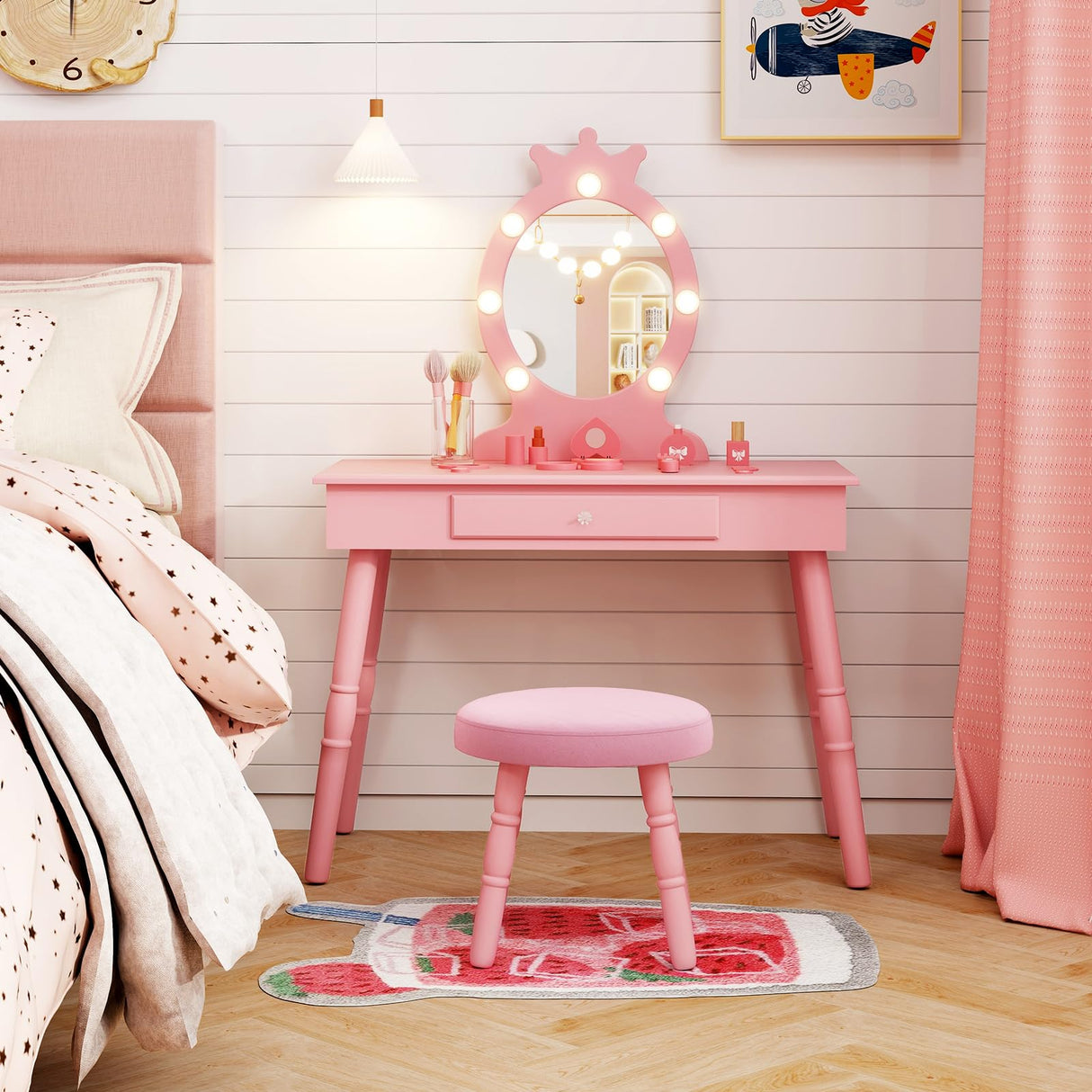 HONEY JOY Kids Vanity Set with LED Lighted Mirror & Stool
