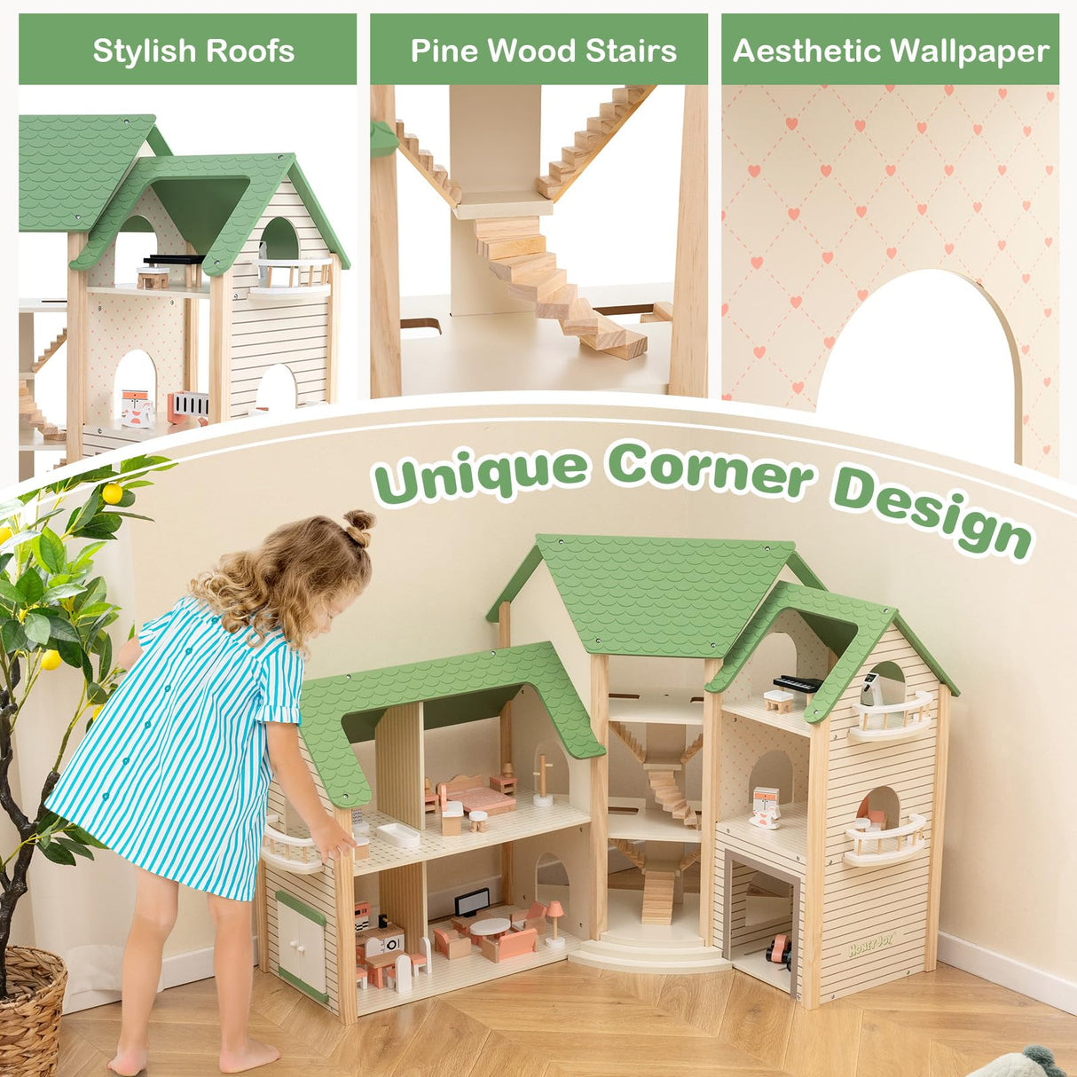 HONEY JOY Wooden Corner Dollhouse Playset, Green Roof Doll House with 34 Pieces of Furniture and Accessories