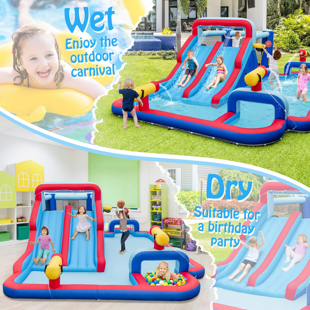 HONEY JOY Water Slide Park, 5-in-1 Inflatable Jumping House w/Dual Slides, Climbing Wall, Splash Pool, Basketball Rim, Water Cannons