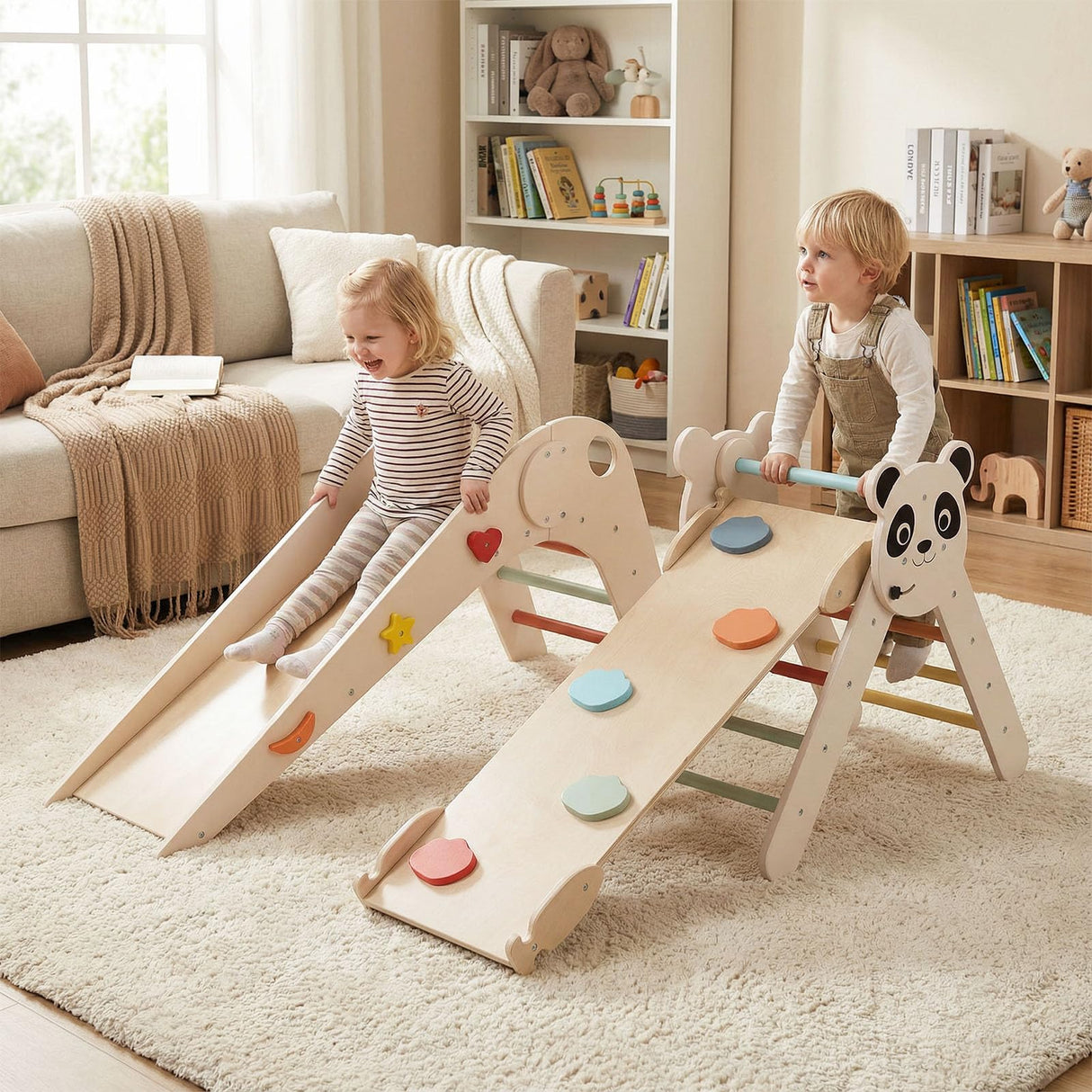 HONEY JOY Kids Triangle Climbing Set, Foldable Panda-Themed Wood Montessori Climbing Set