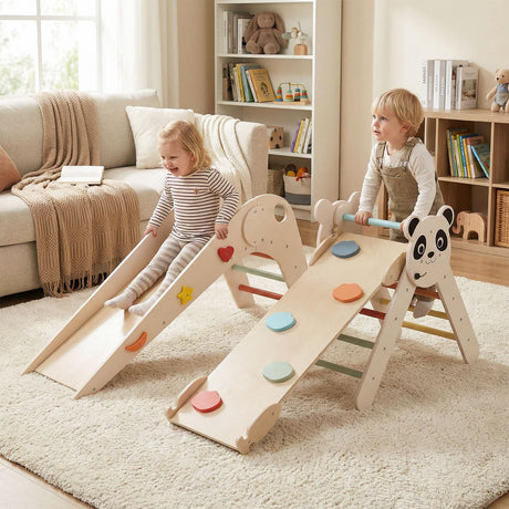 HONEY JOY Kids Triangle Climbing Set, Foldable Panda-Themed Wood Montessori Climbing Set