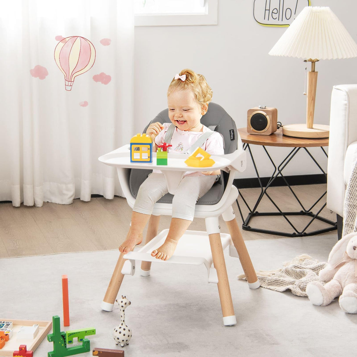 BABY JOY Baby High Chair 6-in-1 Convertible Wooden High Chair with Double Dishwasher Safe Trays