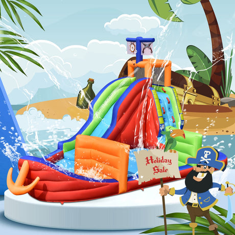 HONEY JOY Inflatable Waterslide, 6-in-1 Pirate Ship Bounce House