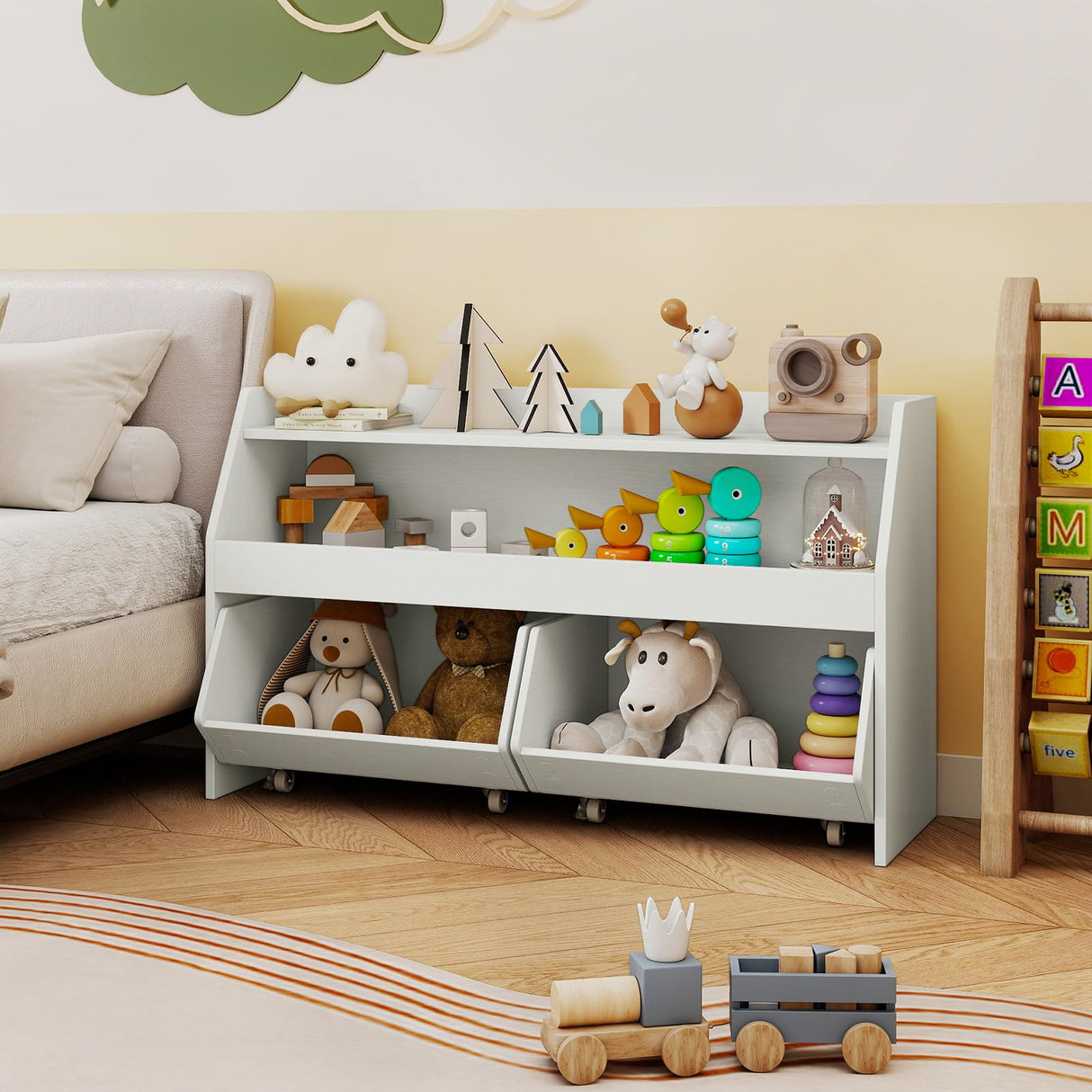 HONEY JOY Kids Toy Storage Box, Children Wooden Bookcase with 2 Movable Drawers