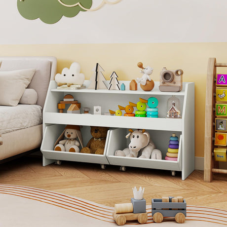 HONEY JOY Kids Toy Storage Box, Children Wooden Bookcase with 2 Movable Drawers