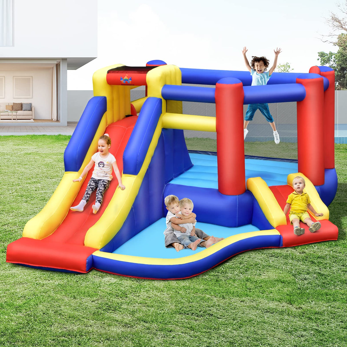 HONEY JOY Inflatable Bounce House with Large Jumping Area, Dual Slide, Ball Pit, Climb Wall, Basketball Hoop