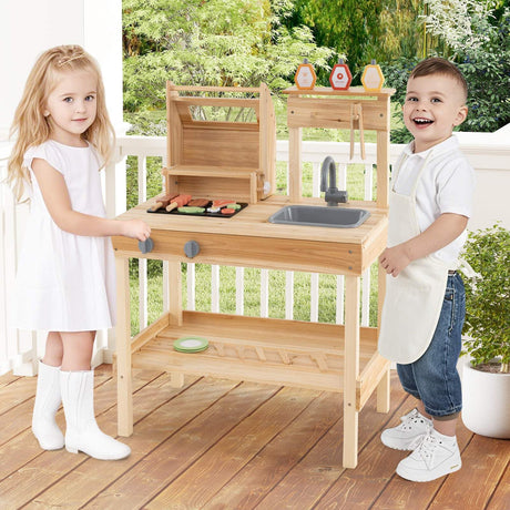 Wooden Barbecue Grill Toy Set with Sink and Faucet Kids BBQ Grill Playset