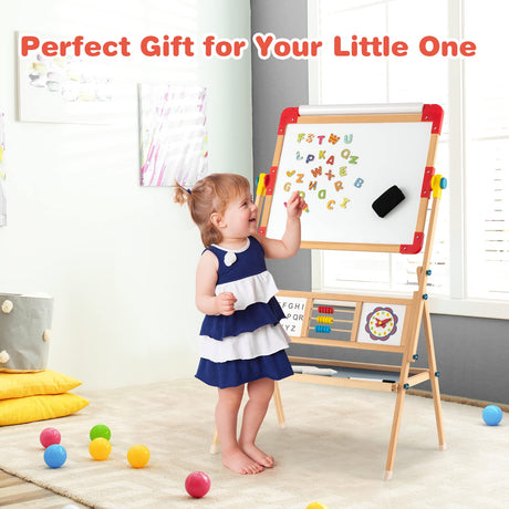 BABY JOY Kids Art Easel, 3 in 1 Wooden Art Easel for Toddlers w/Whiteboard, Chalkboard, Paper Roll
