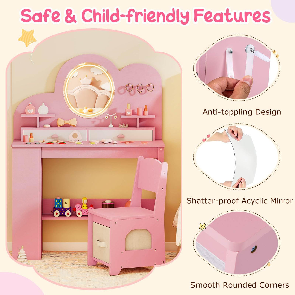 Princess Vanity Table and Chair Set with 2 Drawers