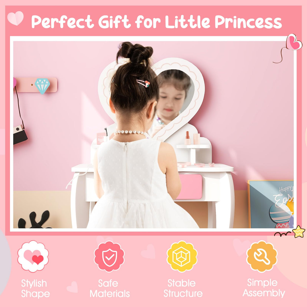 HONEY JOY Kids Vanity Set, Dressing Table w/Mirror and Stool, Accessories, Drawer, Wooden Princess Makeup Dressing Table(Heart-Shaped Mirror)