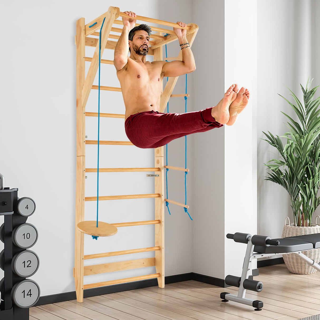 HONEY JOY Wood Stall Bar, Swedish Ladder with Swedish Wall & Pull Up Bar
