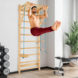 HONEY JOY Wood Stall Bar, Swedish Ladder with Swedish Wall & Pull Up Bar