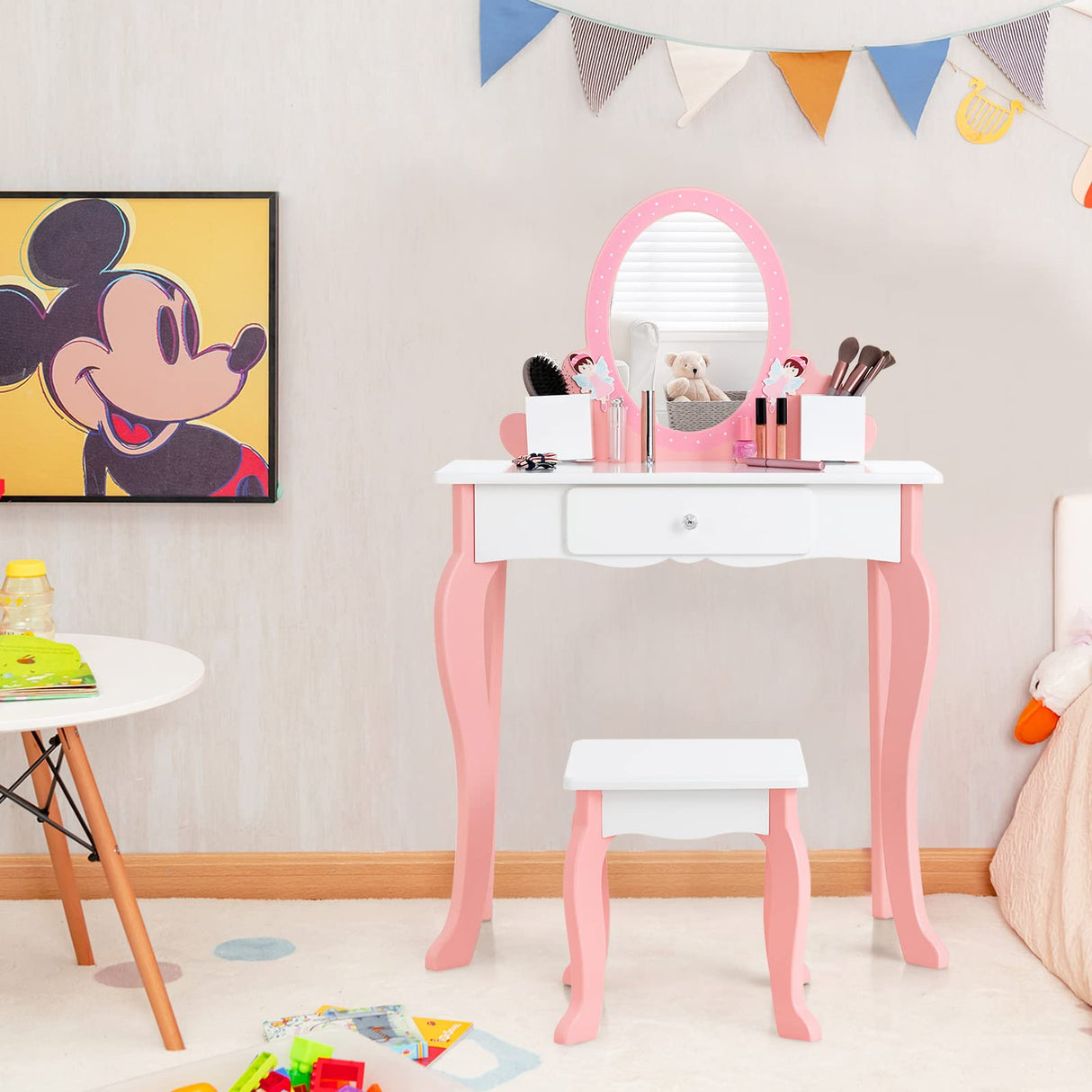 HONEY JOY Kids Vanity Table & Stool Set, 2-in-1 Children Makeup Dressing Table w/Mirror, Chair, Drawer, Pen Holders & Detachable Top