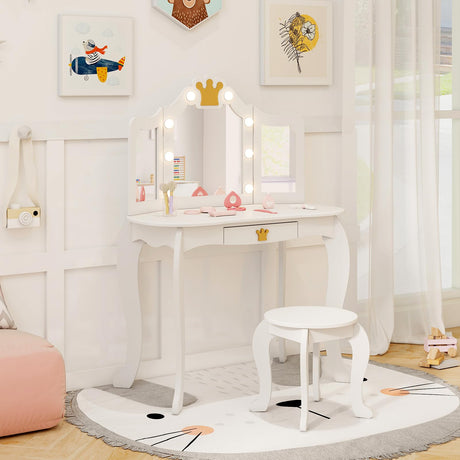 HONEY JOY Kids Vanity Set with 3-Color Adjustable Lighted Mirror