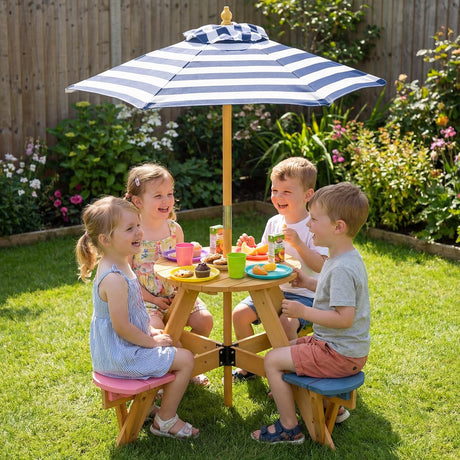 Kids Picnic Table with Stools and Foldable Adjustable Umbrella for Backyard and Patio