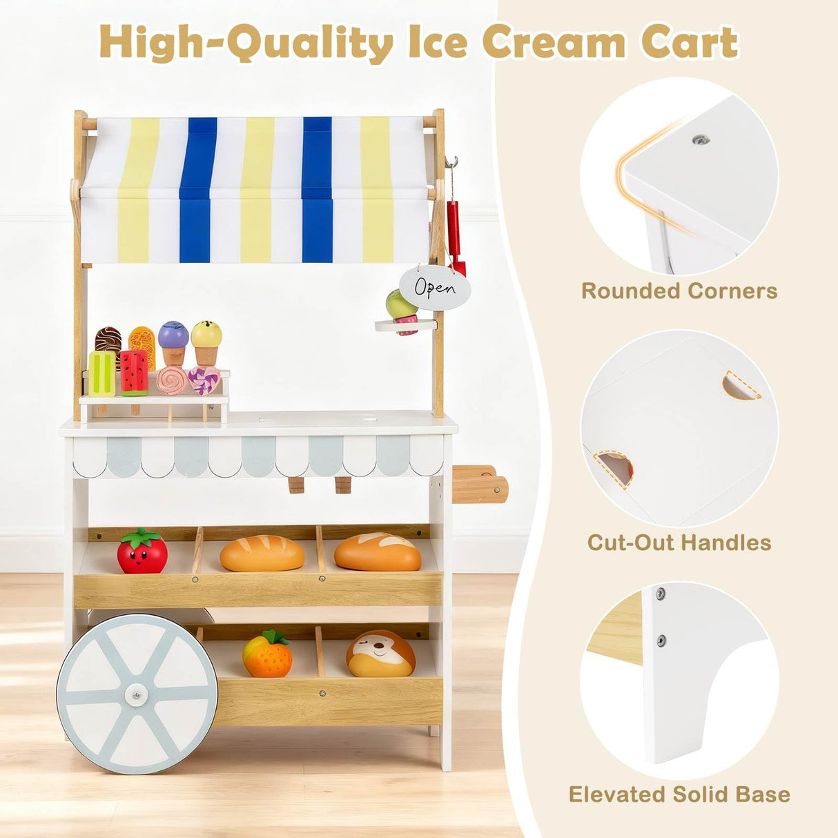 Wooden Ice Cream Cart for Kids, Pretend Play Set with Storage for 3+ Years Old