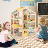 Wooden Dollhouse for Kids, Modern Family Pretend Playhouse w/Furniture Pieces & Figures