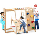 Children playing on a wooden play structure