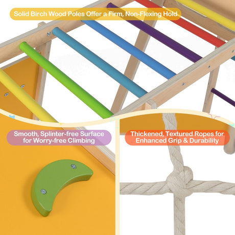 Children's play structure with colorful bars and ropes on a white background