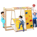 Children playing on a colorful play structure with climbing wall, slide, and basketball hoop.