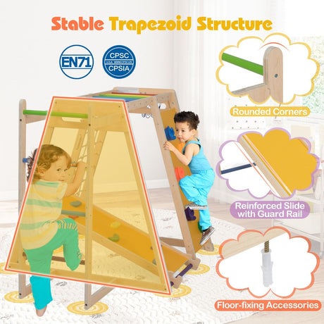 Children's wooden climbing frame with safety features and certification logos on a white background