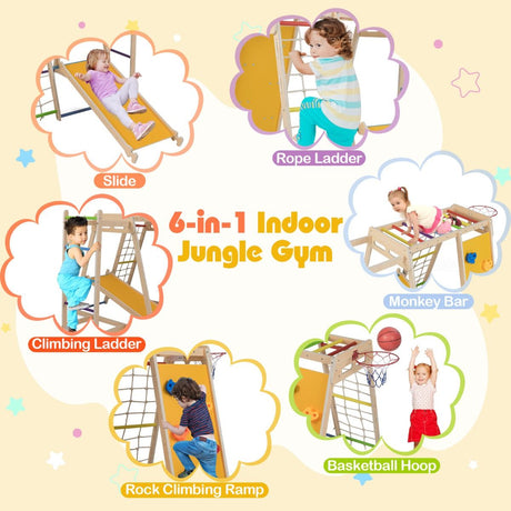 6-in-1 indoor jungle gym with children using various components on a light yellow background.