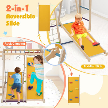 Children playing on a 2-in-1 reversible slide with rock climbing feature in a room.