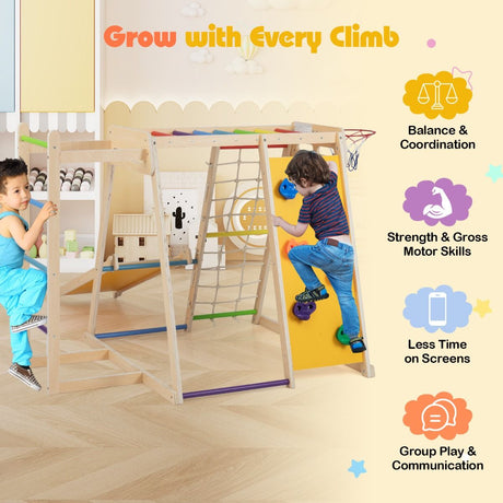Children playing on a wooden climbing frame with educational benefits displayed.