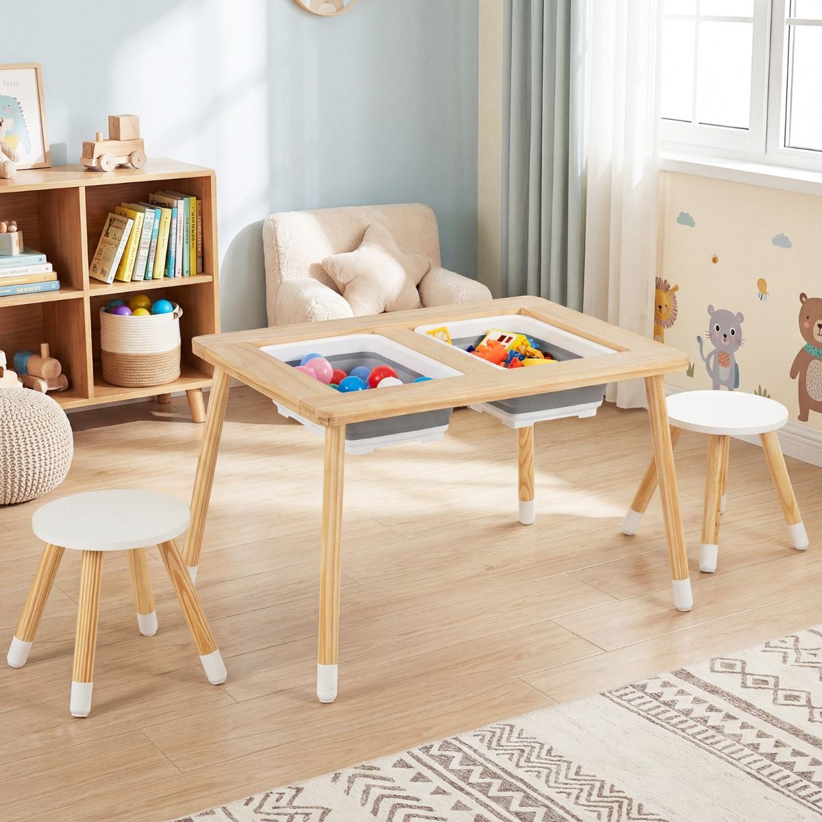 Kid's Table and Chairs Set with Detachable Double-Sided Tabletops