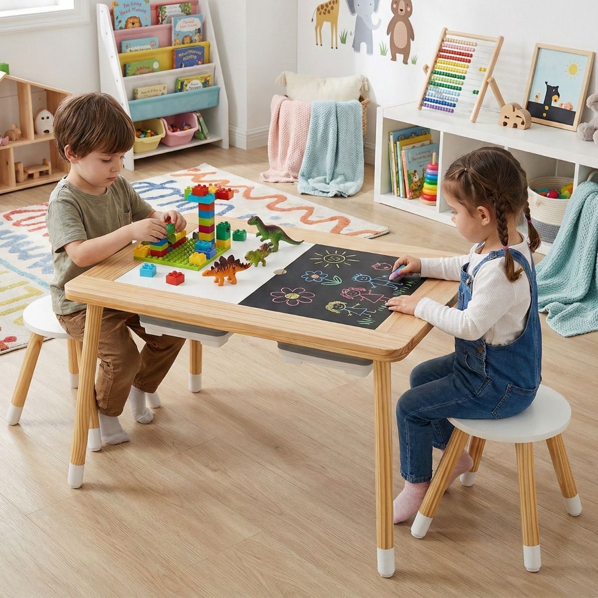 Kid's Table and Chairs Set with Detachable Double-Sided Tabletops