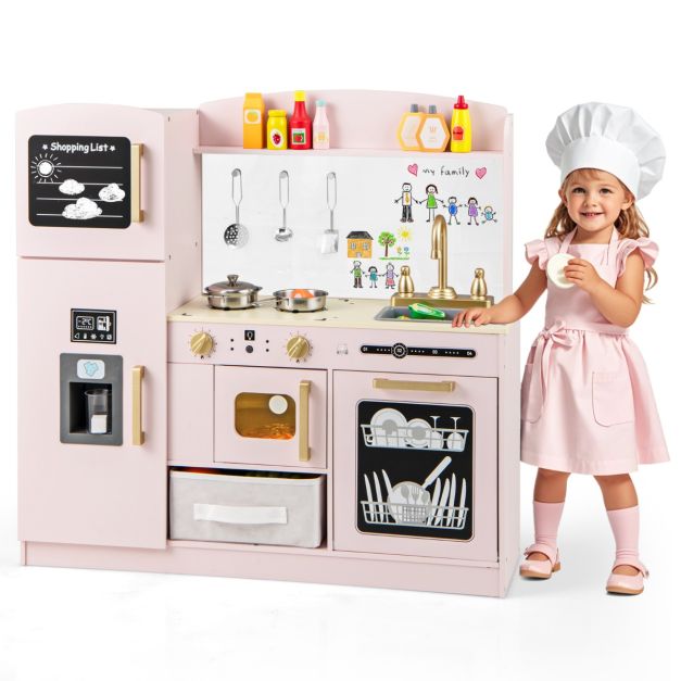 Kids Pretend Play Kitchen Set with Fabric Drawer and Doodle Boards