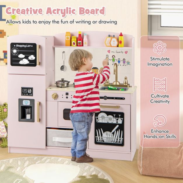 Kids Pretend Play Kitchen Set with Fabric Drawer and Doodle Boards