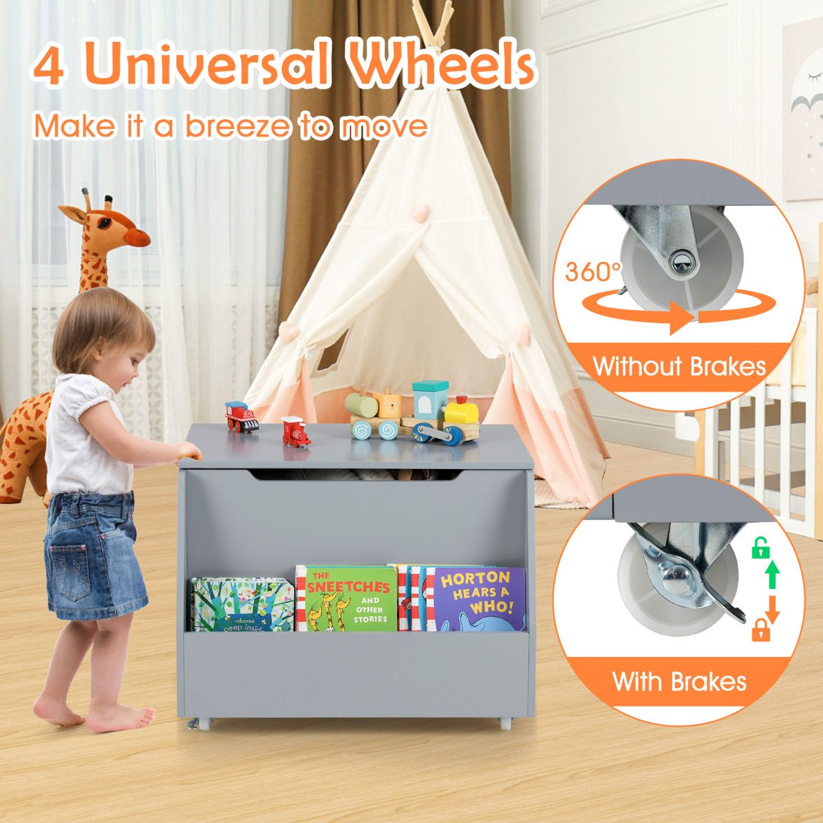 Kids Toy Box Wooden Mobile Toy Storage Organizer