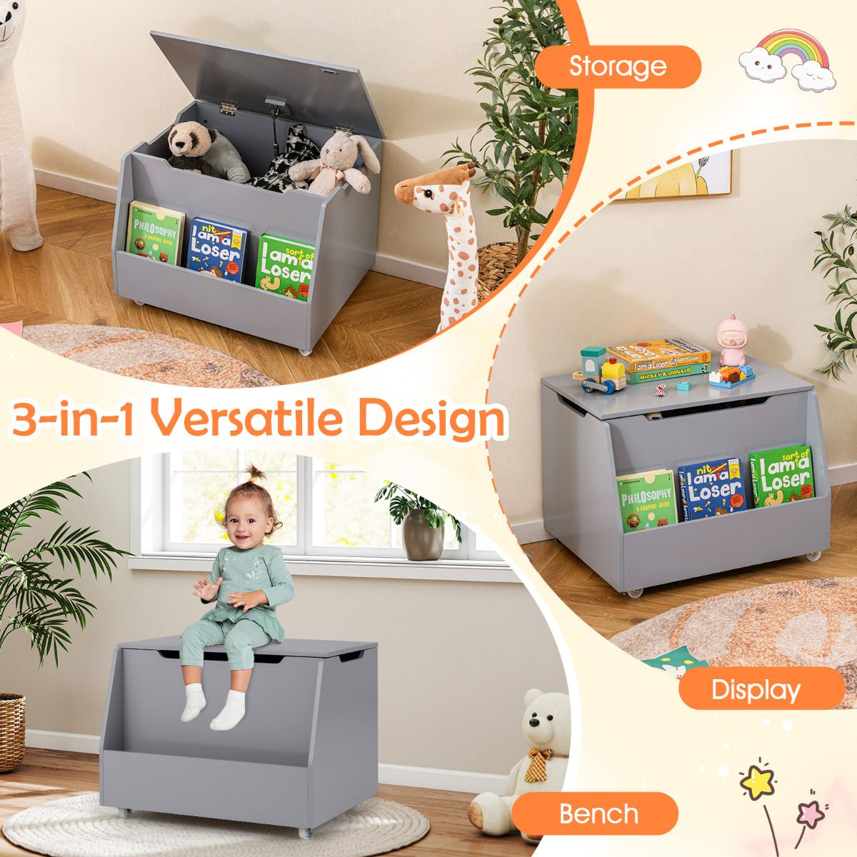 Kids Toy Box Wooden Mobile Toy Storage Organizer