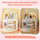 Children's vanity table with colorful lights and a chair in a playroom setting.