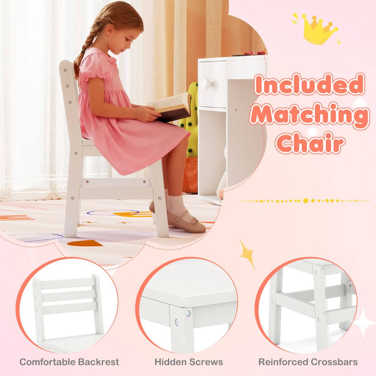 Child sitting on a white chair with text highlighting included matching chair features.