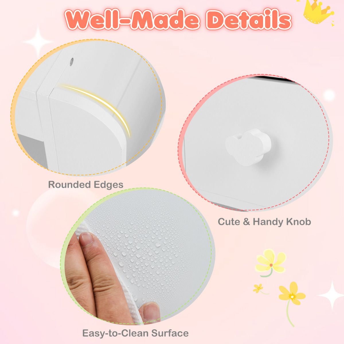 Product with rounded edges, handy knob, and easy-to-clean surface on a pink background.