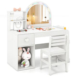 White children's vanity table with mirror, chair, and various items on a white background