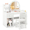 White children's vanity table with mirror, chair, and various items on a white background