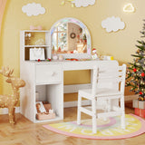 Children's vanity table with mirror, chair, and Christmas decorations in a room.