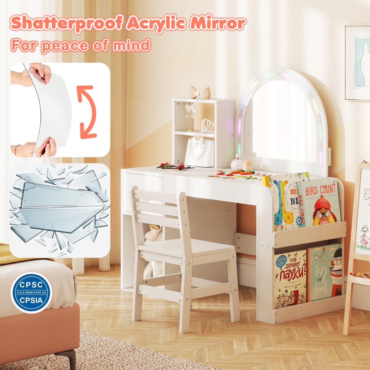 Children's desk with chairs in a room, featuring a shatterproof acrylic mirror.