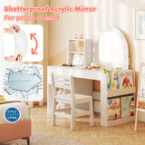 Children's desk with chairs in a room, featuring a shatterproof acrylic mirror.