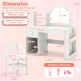Children's desk and chair set with dimensions and included accessories on a pink background