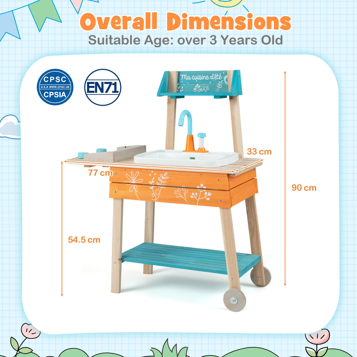 Wooden Toy Kitchen Playset with Removable Sink and Circulation Faucet