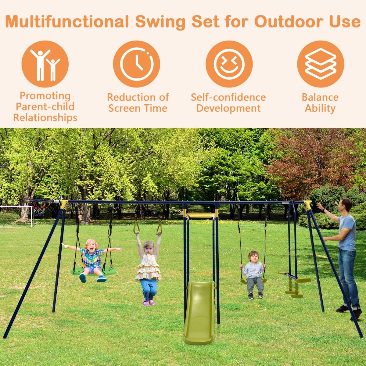 7-in-1 Outdoor Swing Set with Ground Stakes for Garden/Backyard/Park