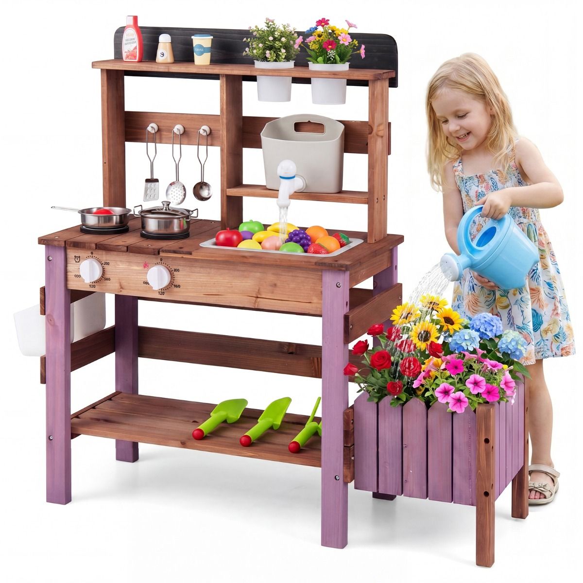 Outdoor Wooden Mud Kitchen Set Play Kitchen with Running Water Faucet Tank